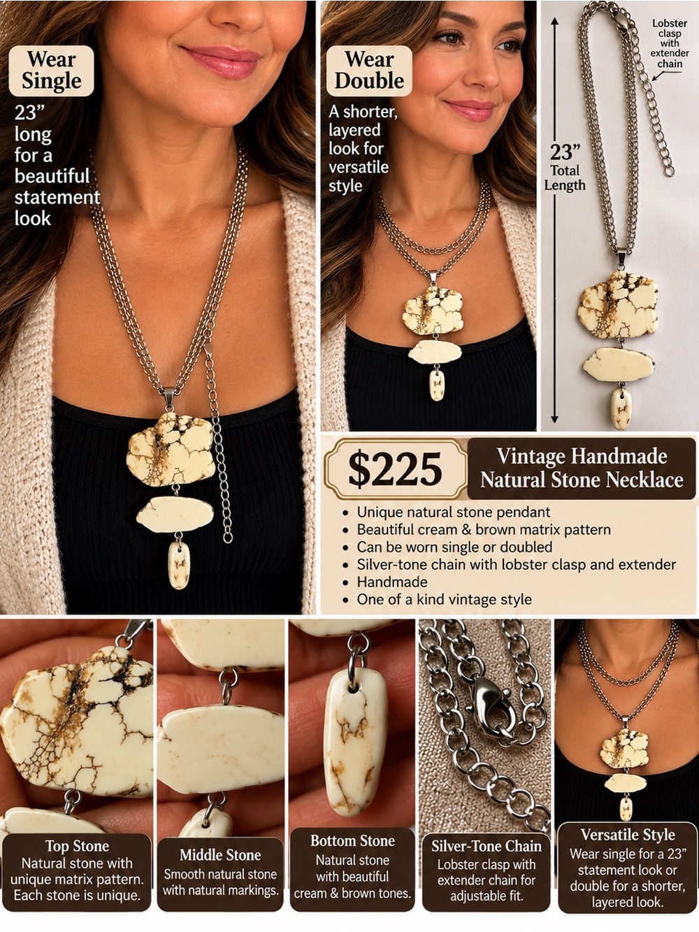 Handmade Cream & Brown Natural Stone Pendant Necklace on Silver-Tone Chain